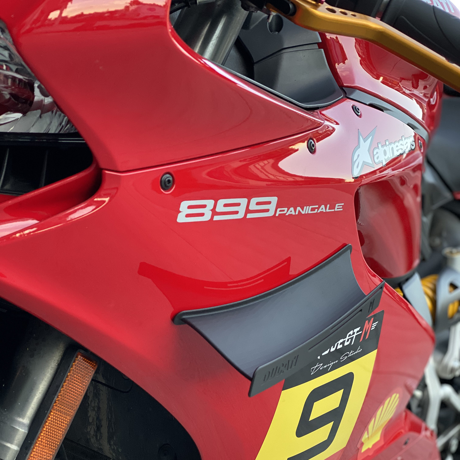 3D printed prototype fairing winglets installed on Ducati 899 Panigale.