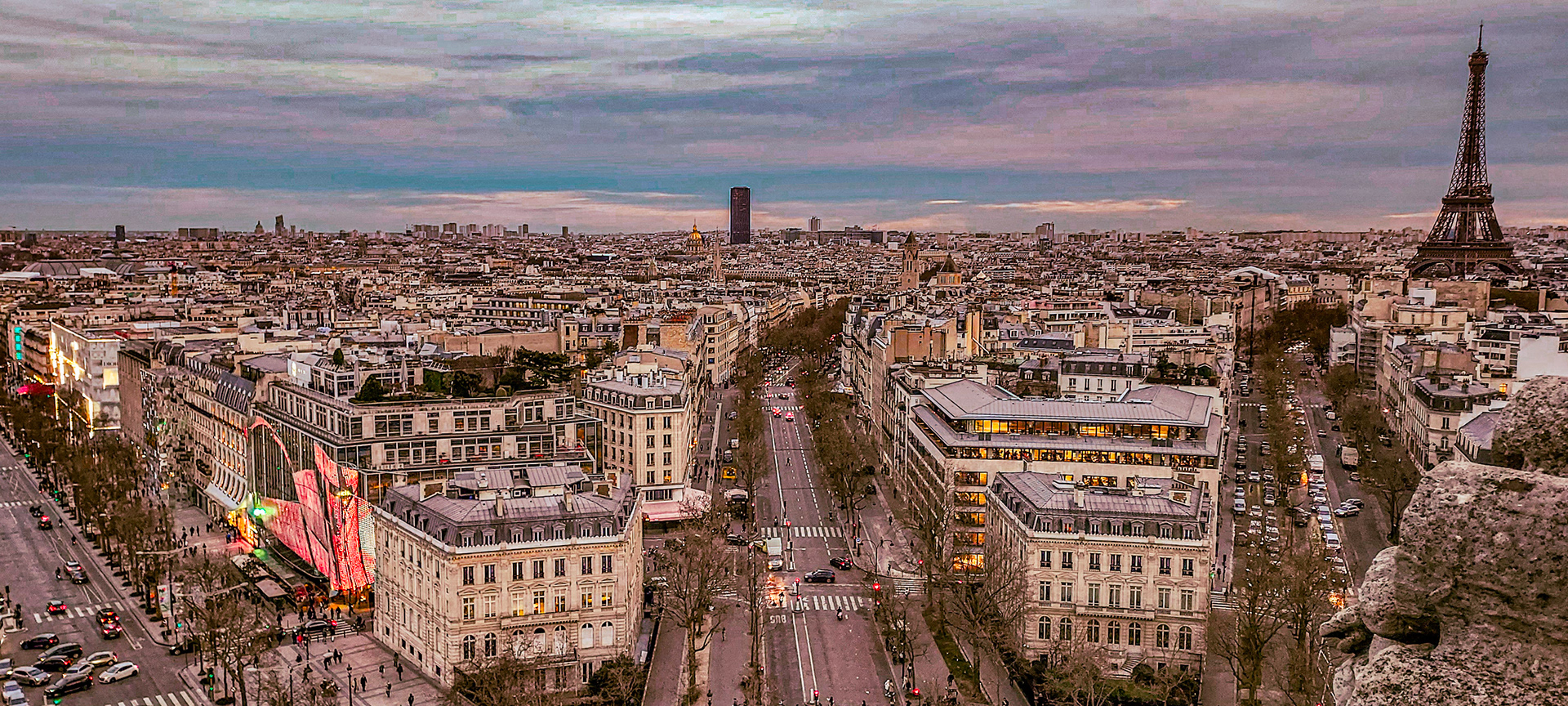 Paris: View of the Champs Elysees and the Eiffel Tower from the top of the Arc de Triomphe