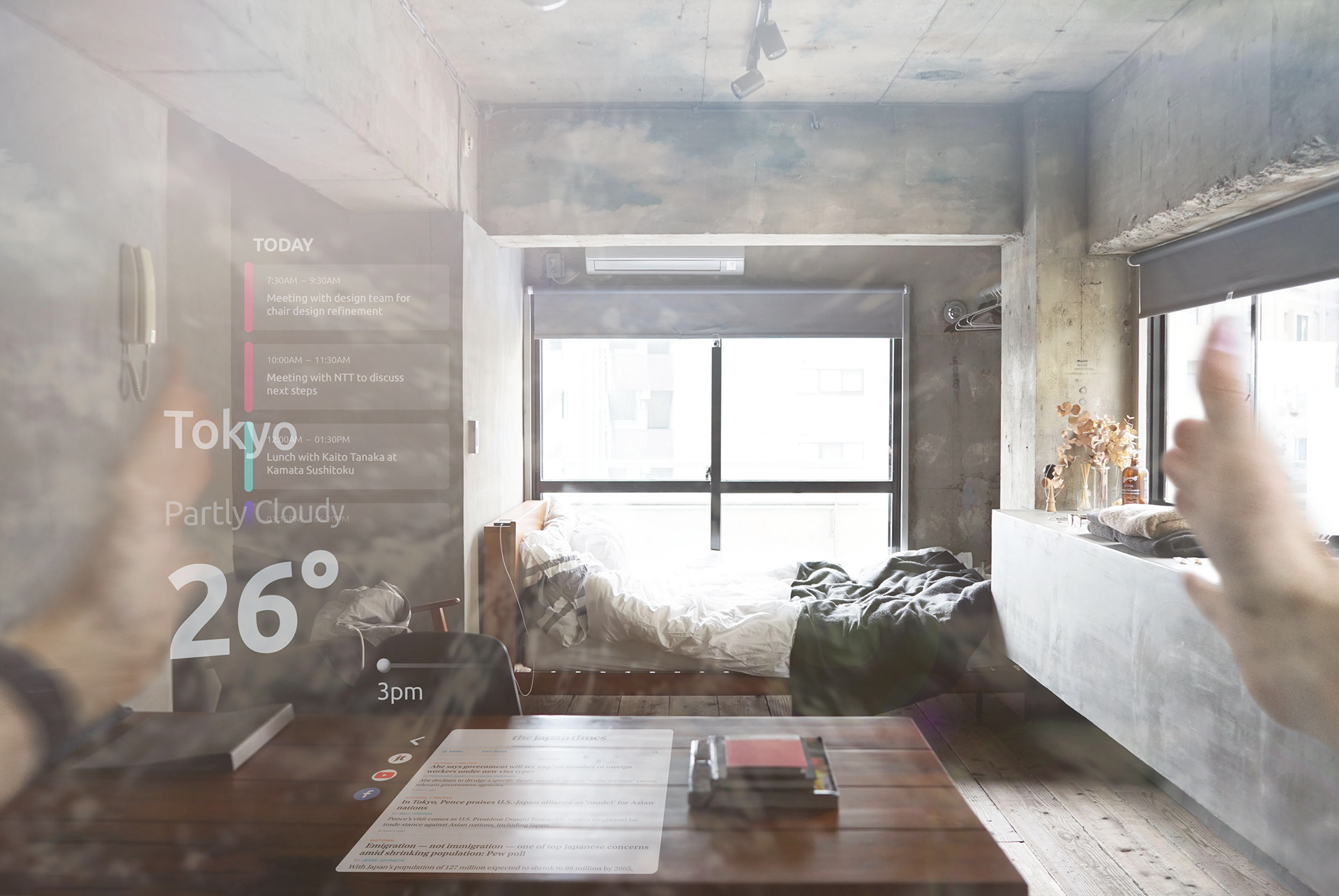 With both hands, user gestures to push in the view