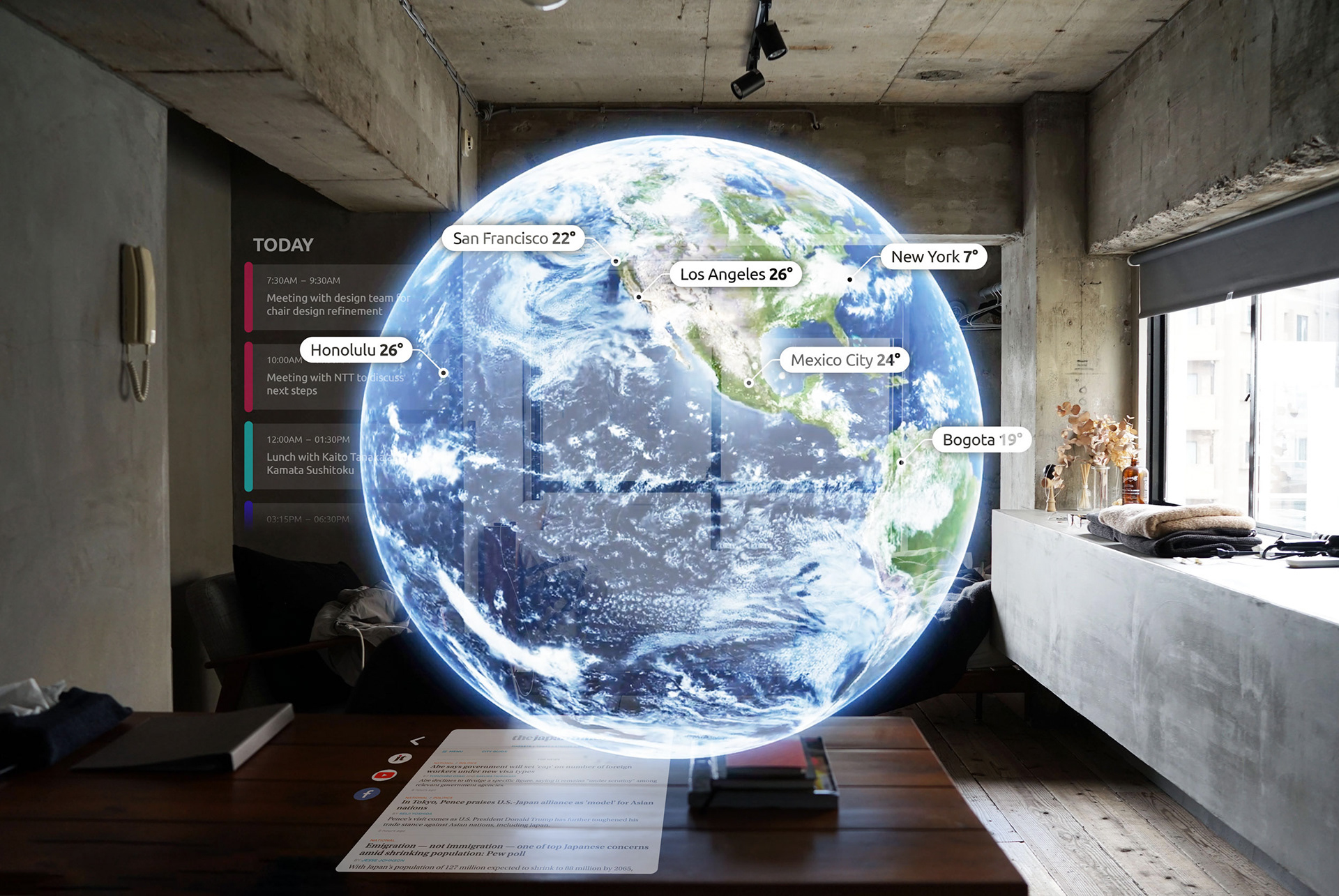 User is displayed the globe with weather pins at different locations