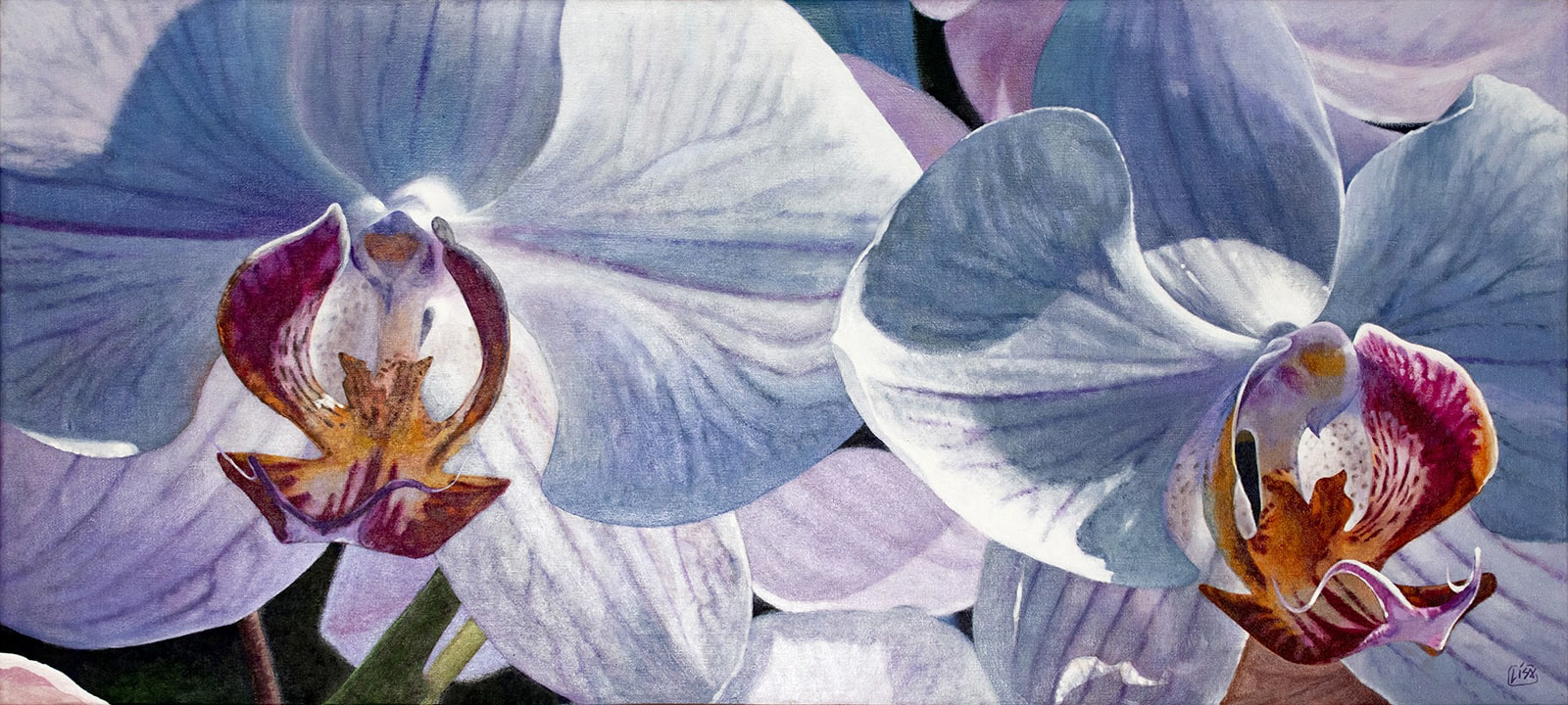 painting of two orchid blooms painted on canvas