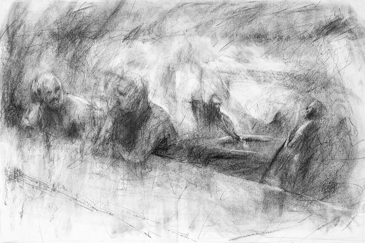 image depicting a charcoal drawing of people in a bar interior