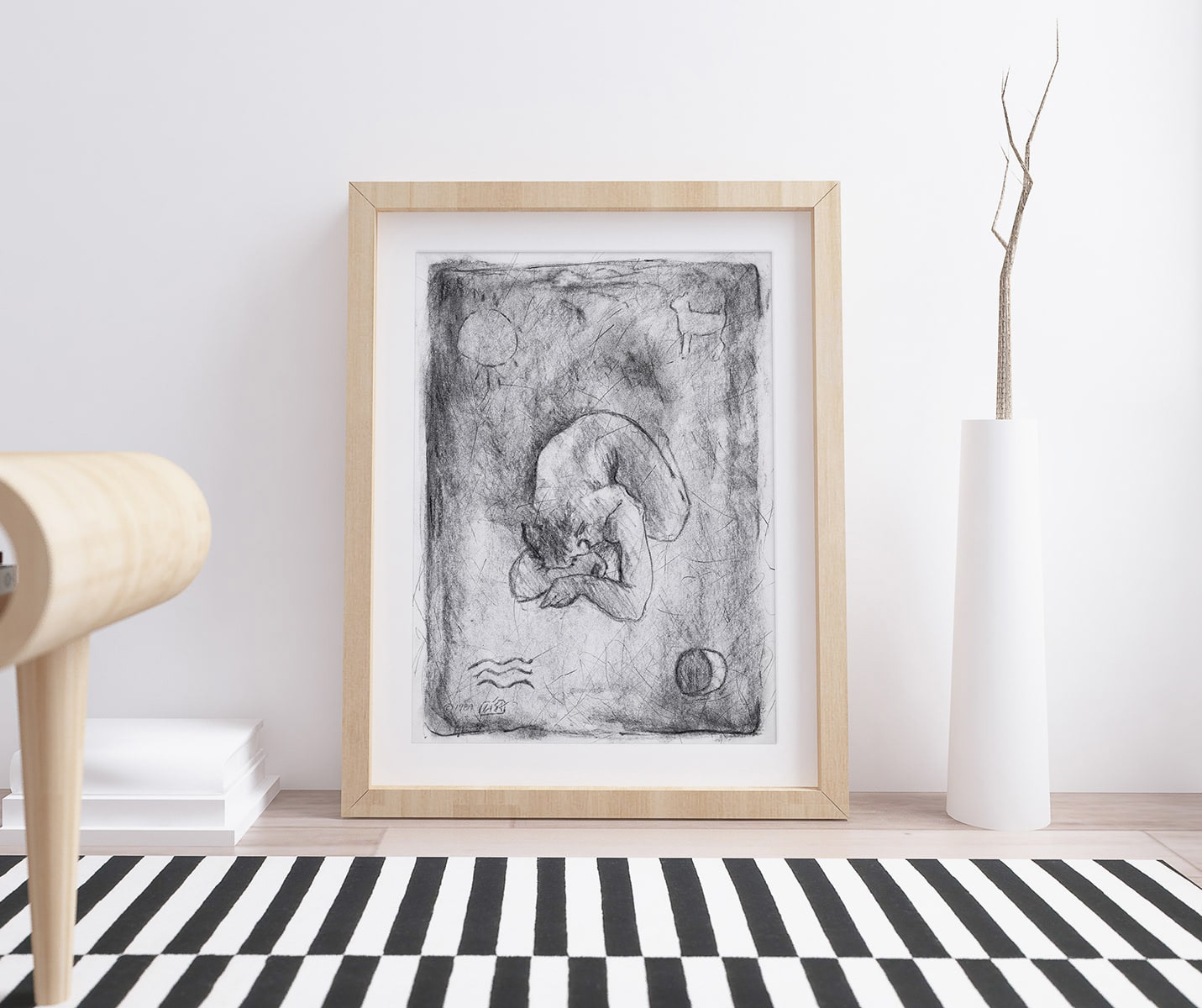 image depicting the drawing how it would look framed and matted propped up against a wall