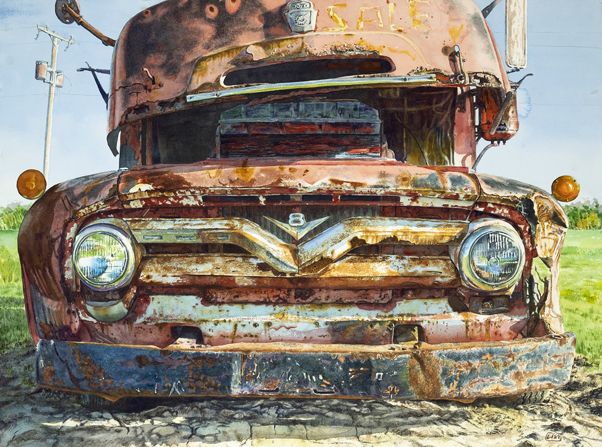 image of an old abandoned red truck painted in watercolor