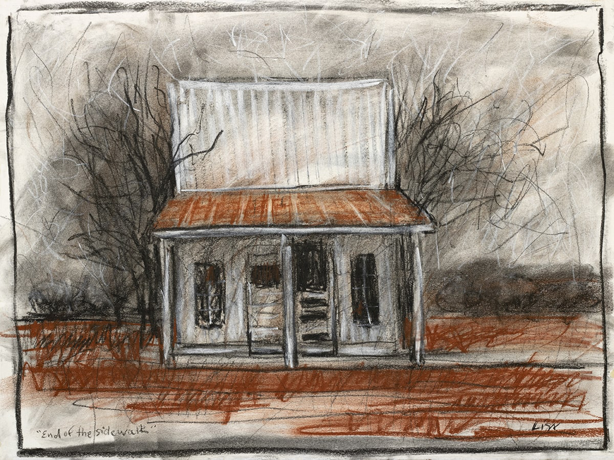 A worn out 19th century store stands alone in a field drawn in charcoal and conte