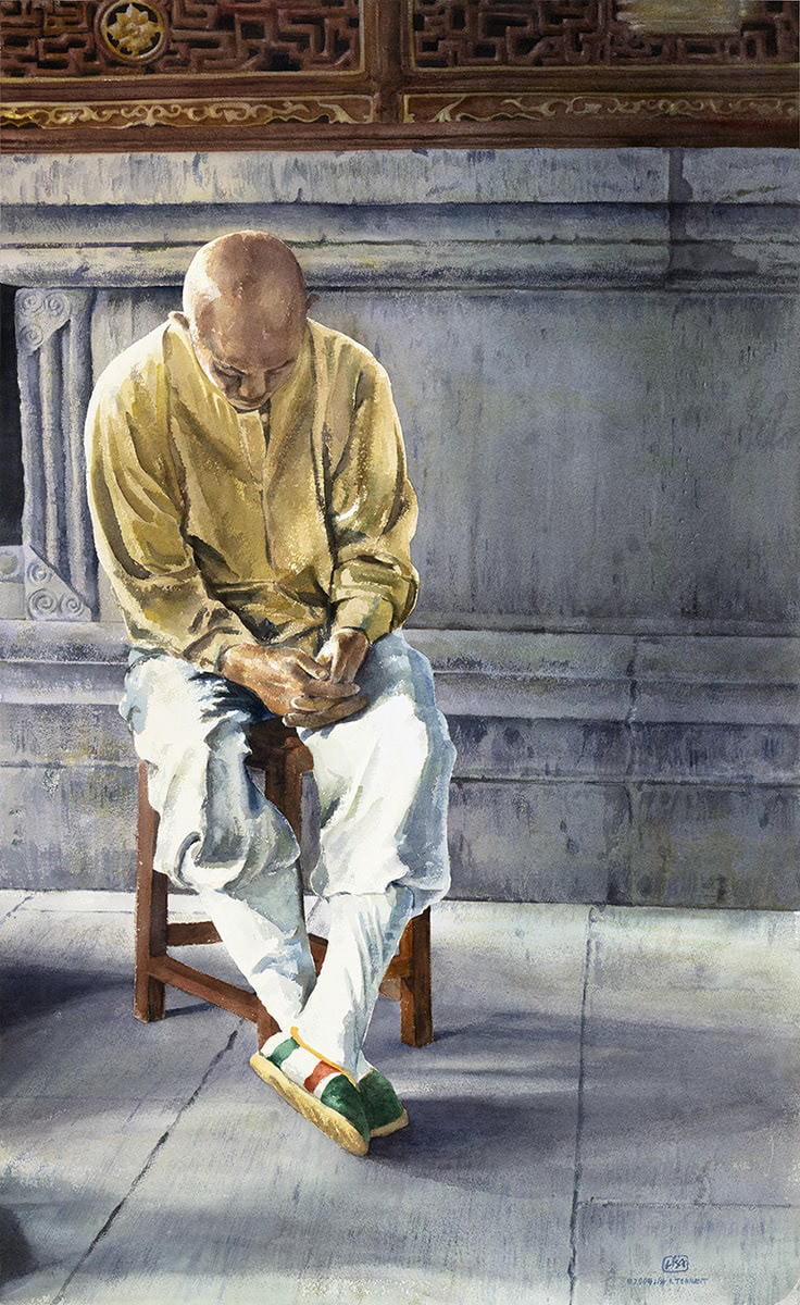 image of a watercolor painting depicting a Chinese Buddhist Monk resting on a stool