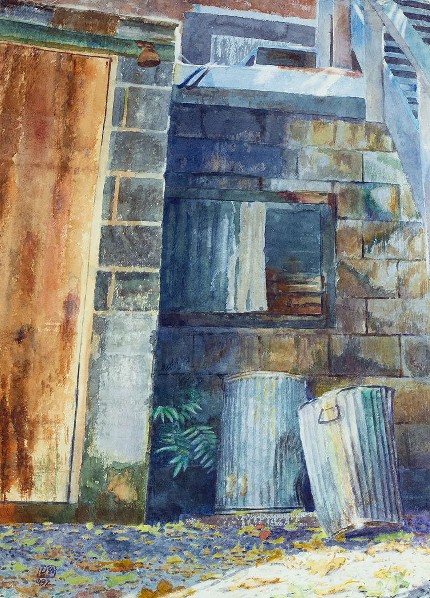 images of a painting depicting an alley with weathered surfaces