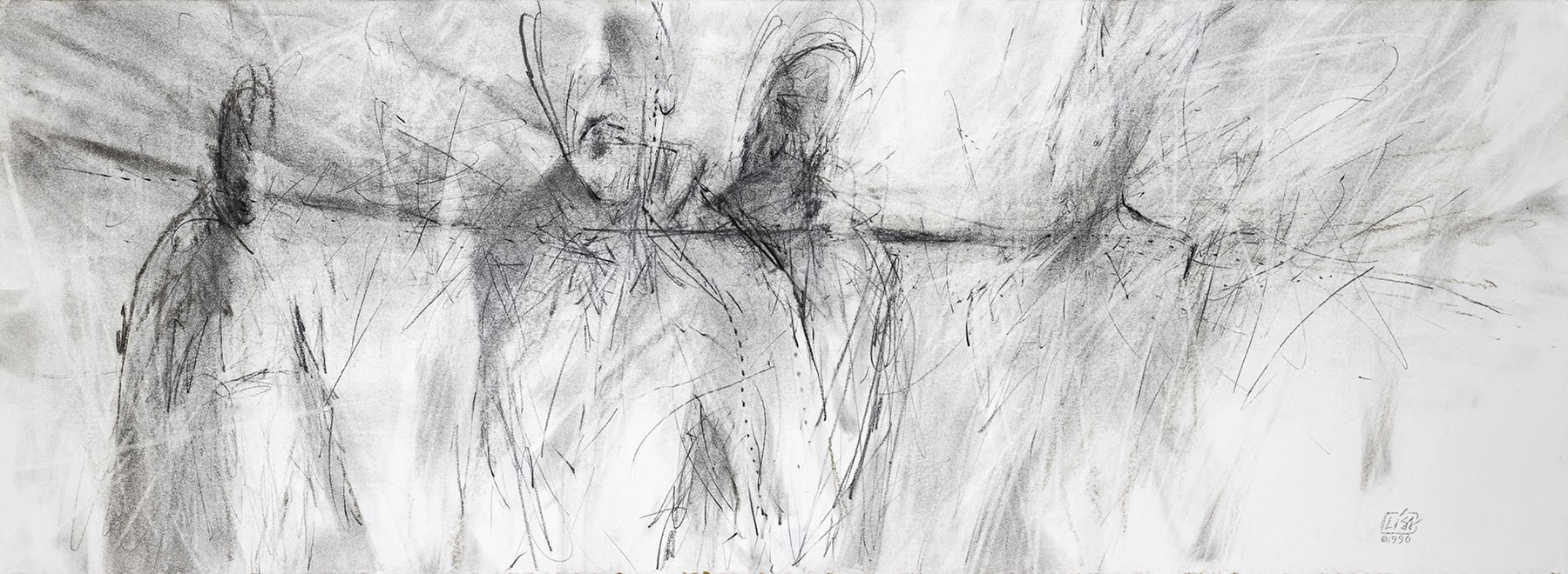 image depicting a charcoal drawing of people passing each other in an abstract environment