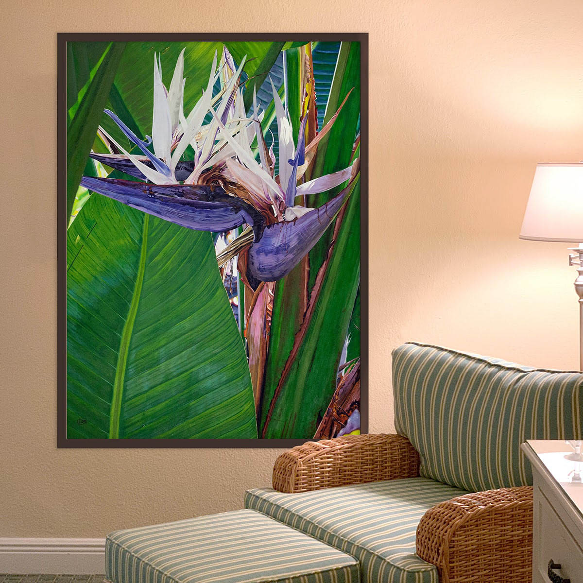 image depicting the bird of paradise plant acrylic painting hung on a wall above a chair