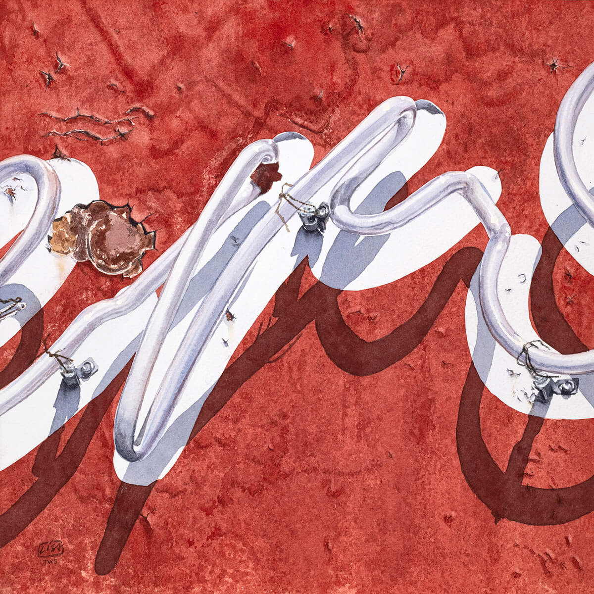 Watercolor painting portraying a red rusted background and the letter "r" in neon with shadows across the heaviliy textured background