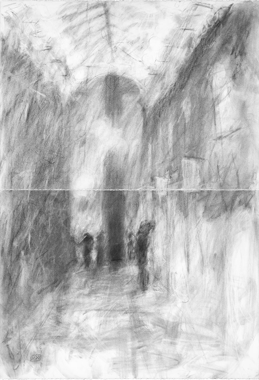 Two-part drawing of an interior done in charcoal