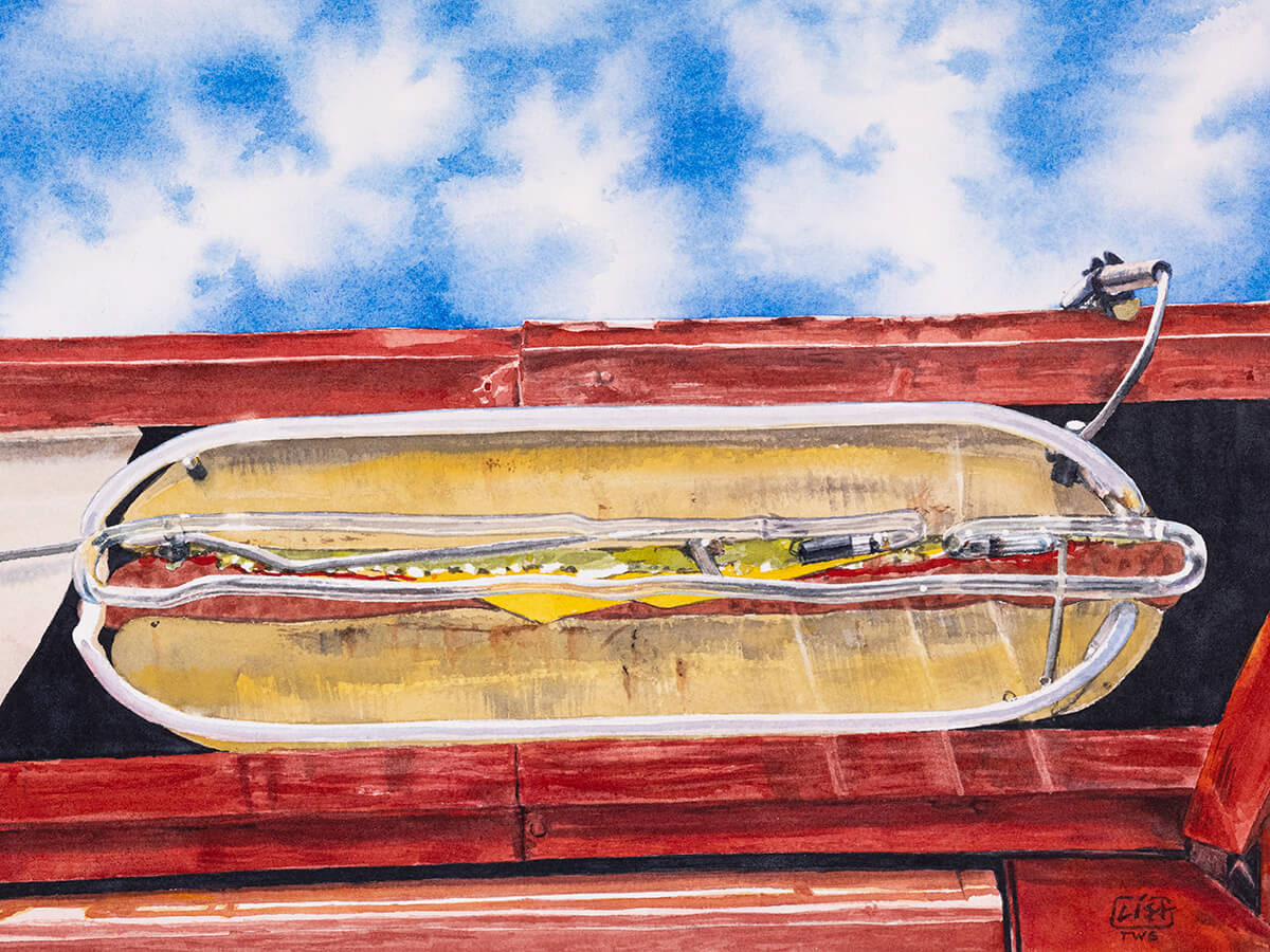 watercolor painting of a hot dog shaped neon sign