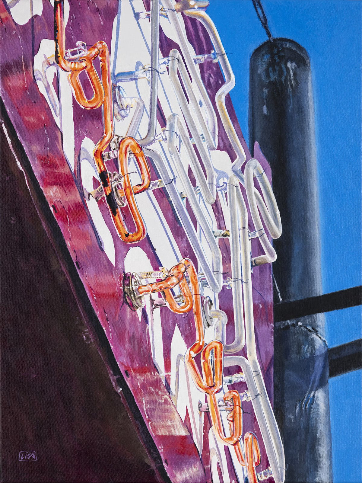 Painting of a neon sign looking at it from below