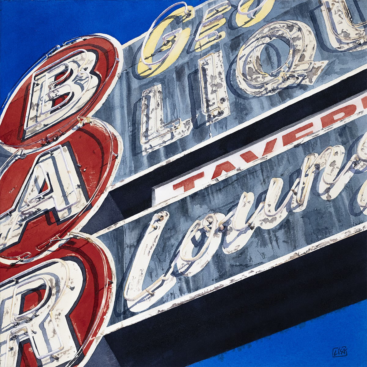 Watercolor painting of the face of Georges Tavern Signage in square format.