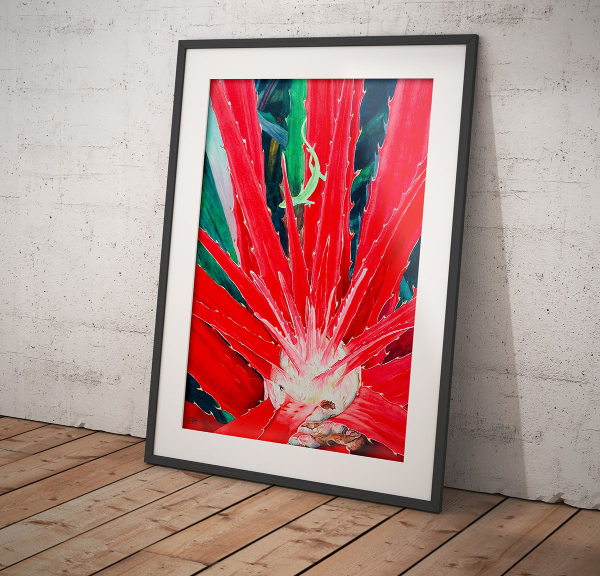 image of the bromeliad painting framed and propped up against a wall