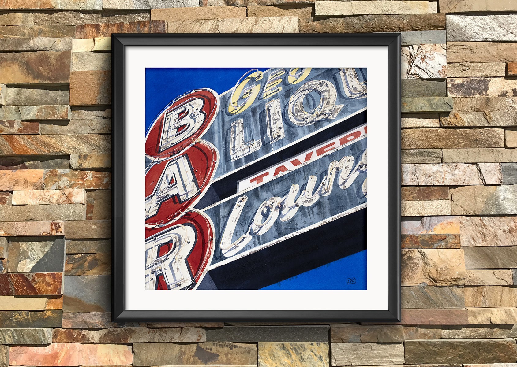 Watercolor painting of Georges Tavern Signage shown in a frame.