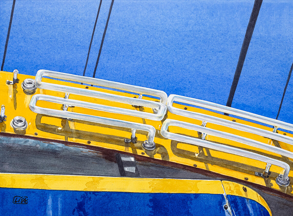 Watercolor painting of neon lines against a yellow and blue