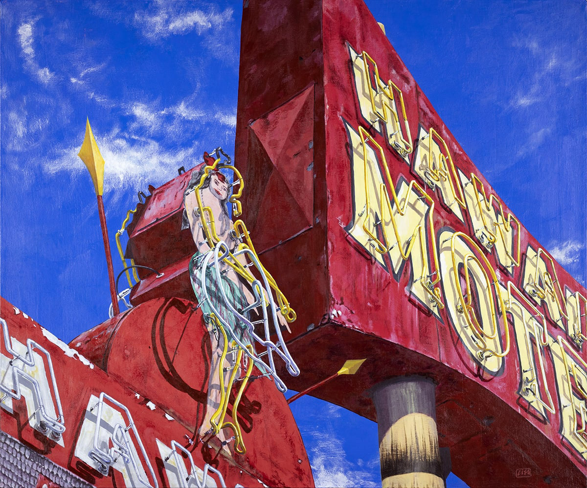 painting in acrylic on canvas of a pair of signs for the Hawaiin Motel on a sunny day.