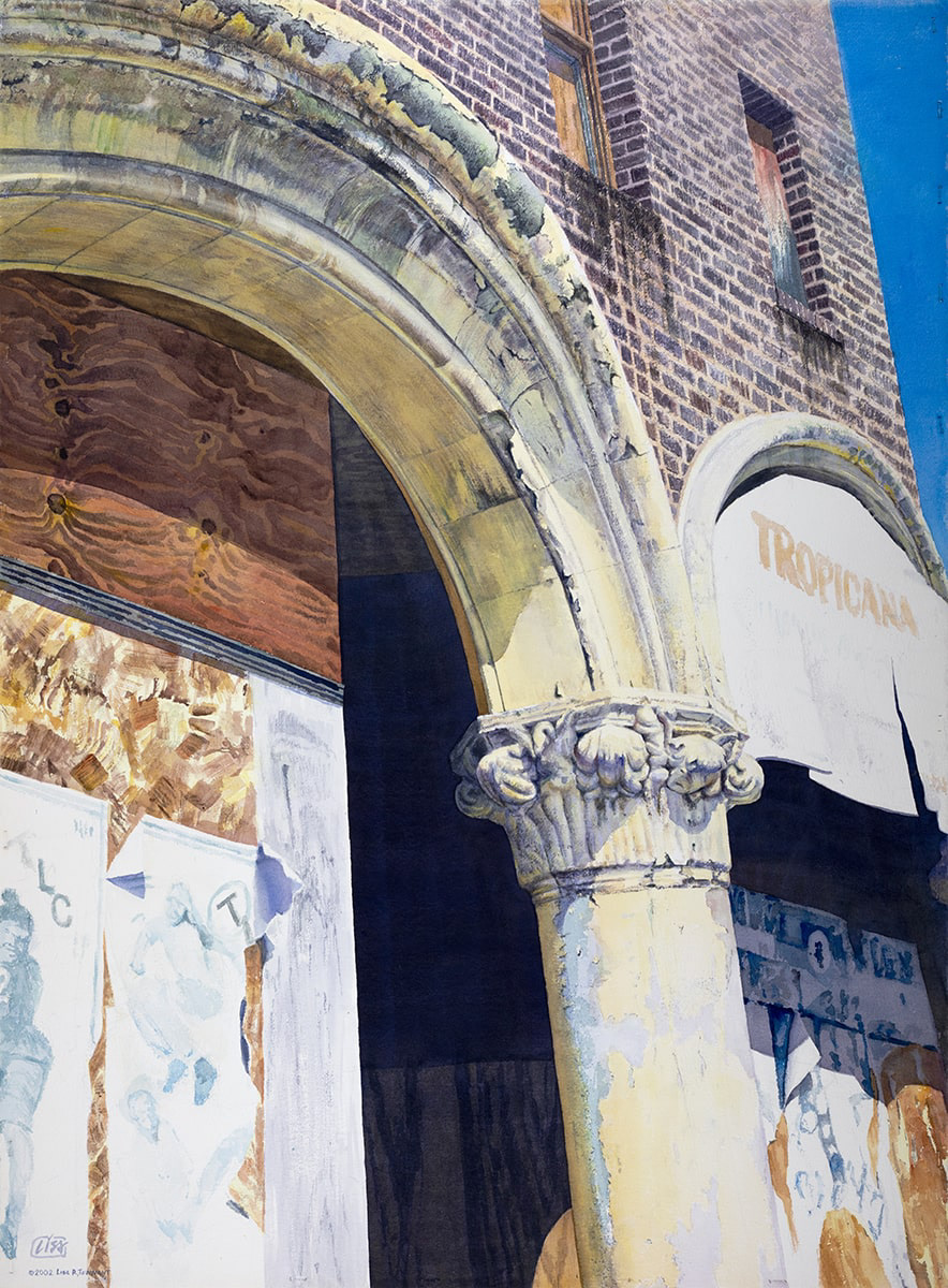 Urban landscape of old deteriorating building in bright sunlight.