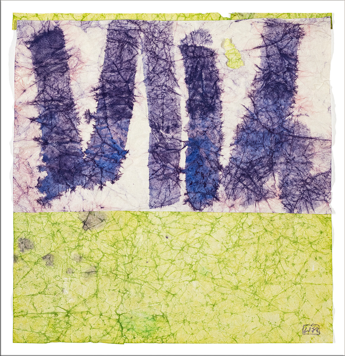 paper collage with bold lines and bold colors of violet and yellow green