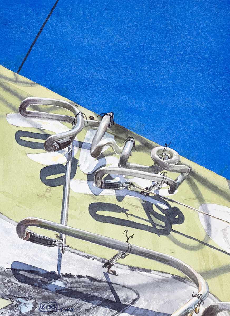 watercolor painting of part of a green sign with neon showing the word "The" and shadows on the sign