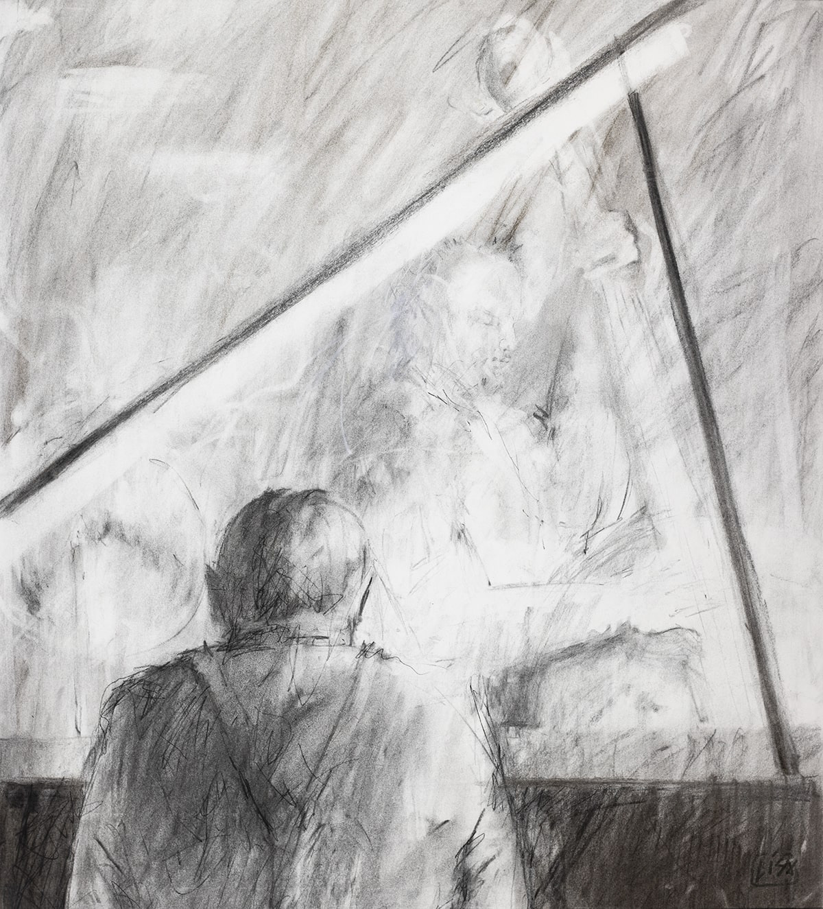 image of a charcoal drawing depicting jazz musicians playing in an atmospheric interior
