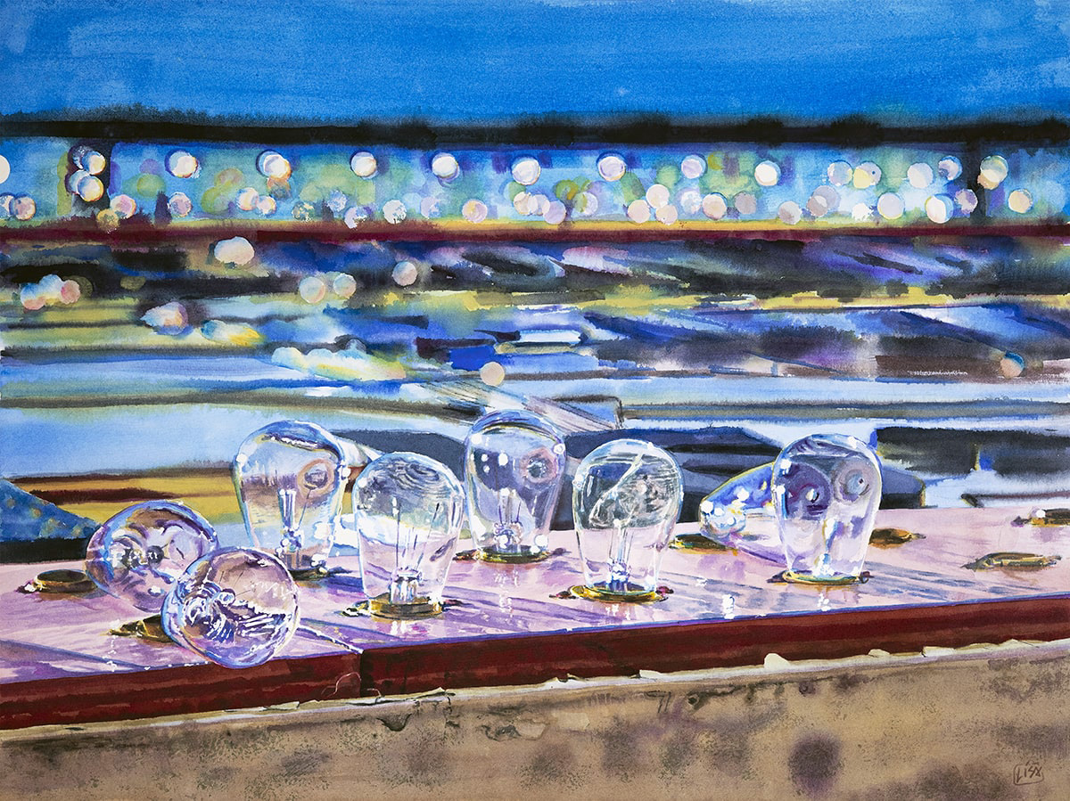 Painting of light bulbs on a movie marquis