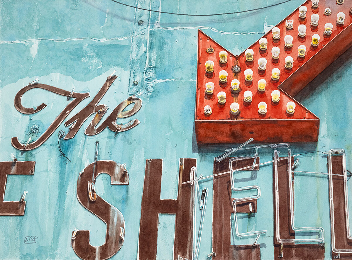 Watercolor painting of a lighted arrow signage and neon lettering.