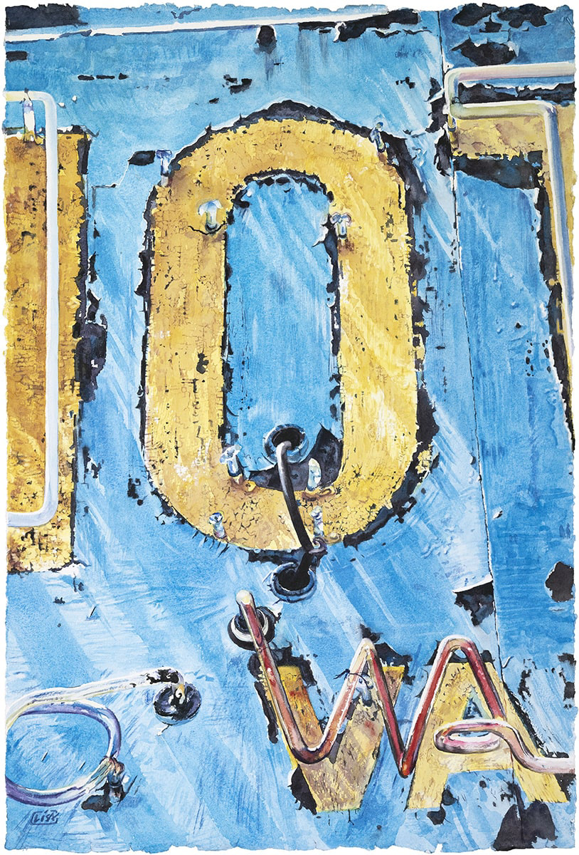 Watercolor painting of a detail view of the Venice Motel mid-century neon sign located in St. Petersburg, FL.