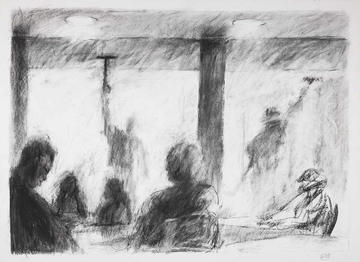 charcoal drawing showing people sitting at tables with window washers in the background