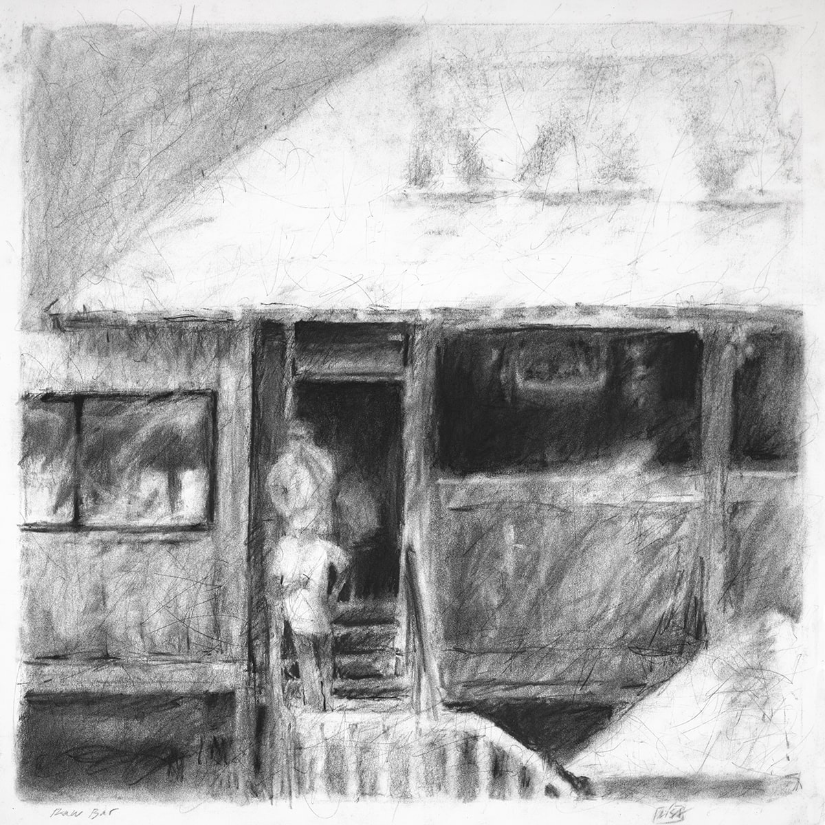 image depicting the drawing of a bar building and two people on the entry stairs