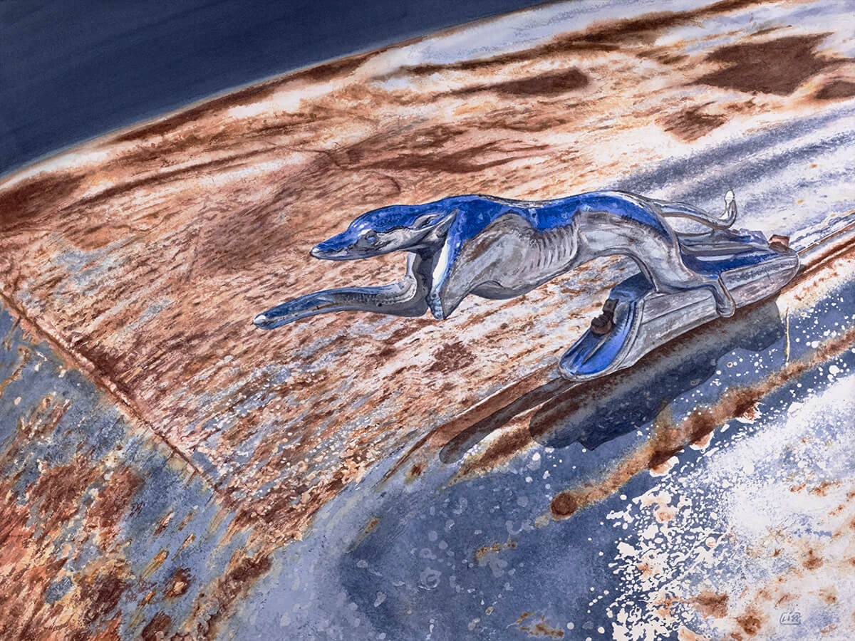 Watercolor painting of a chrome greyhound hood ornament leaps foward on a rusty truck hood