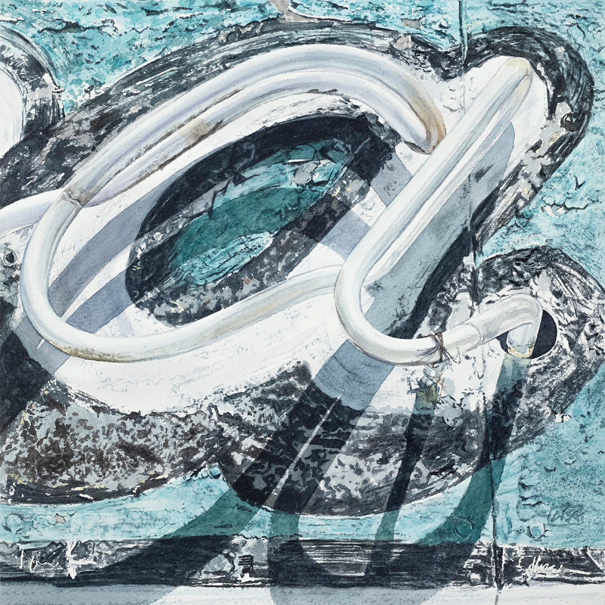 Watercolor painting of the letter "a" from the Sea Chest Motel signage. Aqua, black and white complete the vintage neon set.