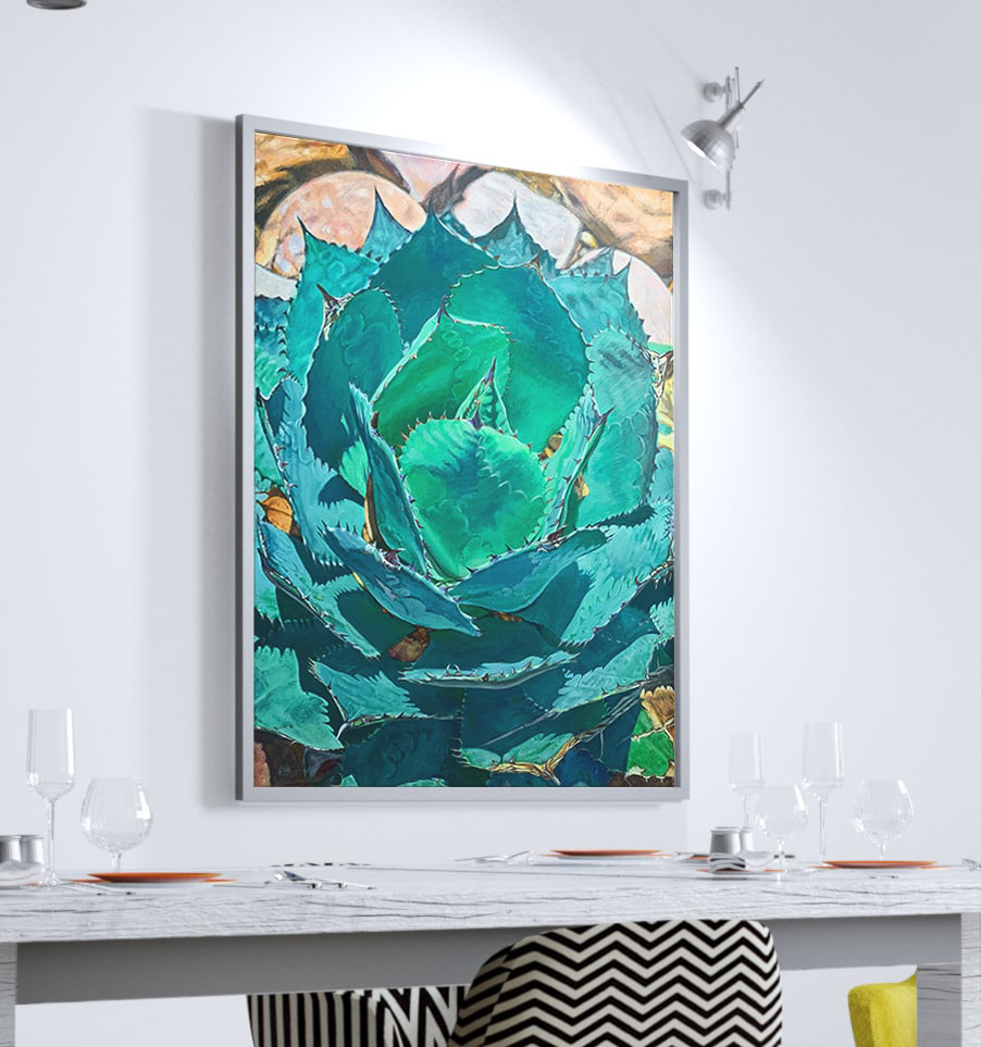 image of the agave cactus painting above a desk