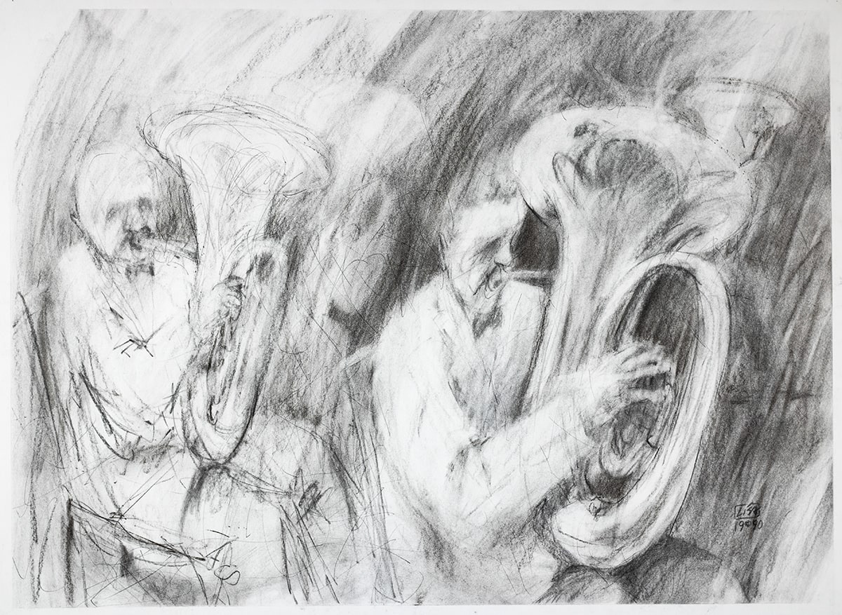 image of charcoal drawing depicting a section of tuba players for a concert in an abstract setting