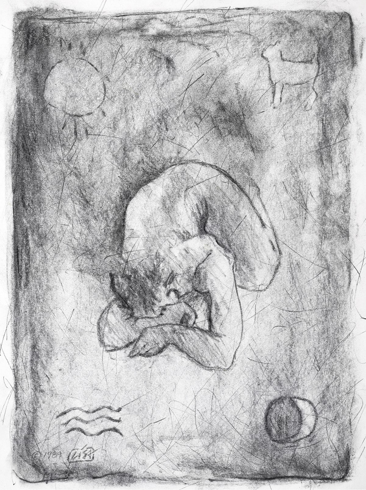 image depicting a charcoal drawing of a nude figure showing back only and symbols in the corners
