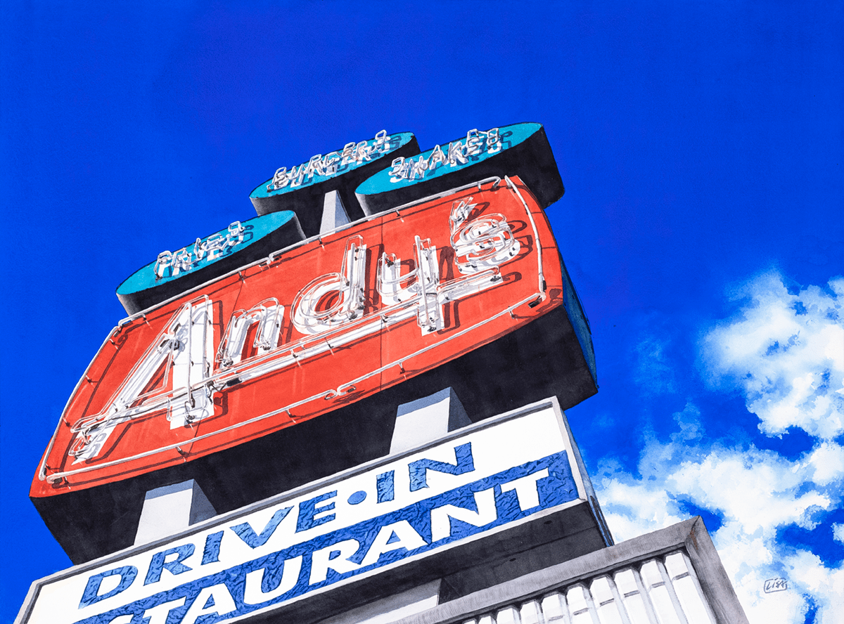 Painting of a vintage sign for Andy's Drive-In looking upward to the top