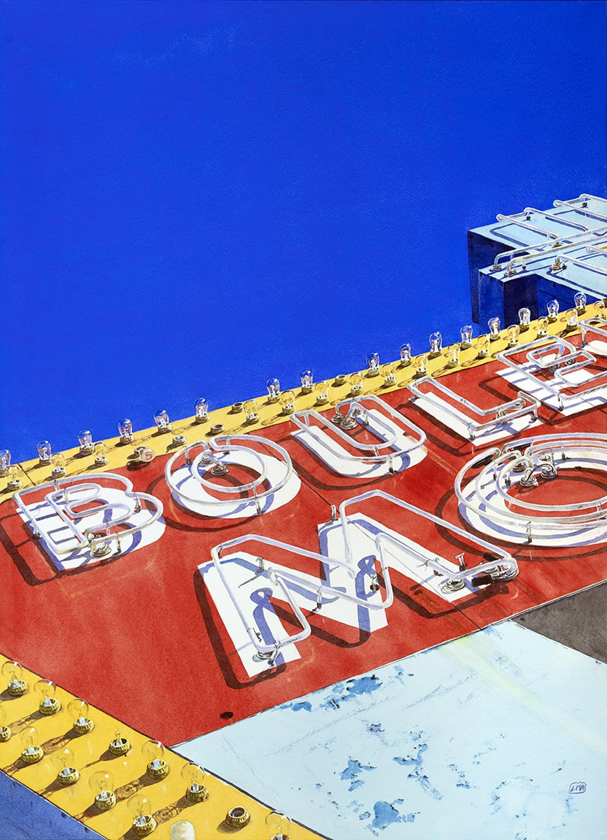 Painting of part of the Boulevard Motel sign on a warm sunny day.