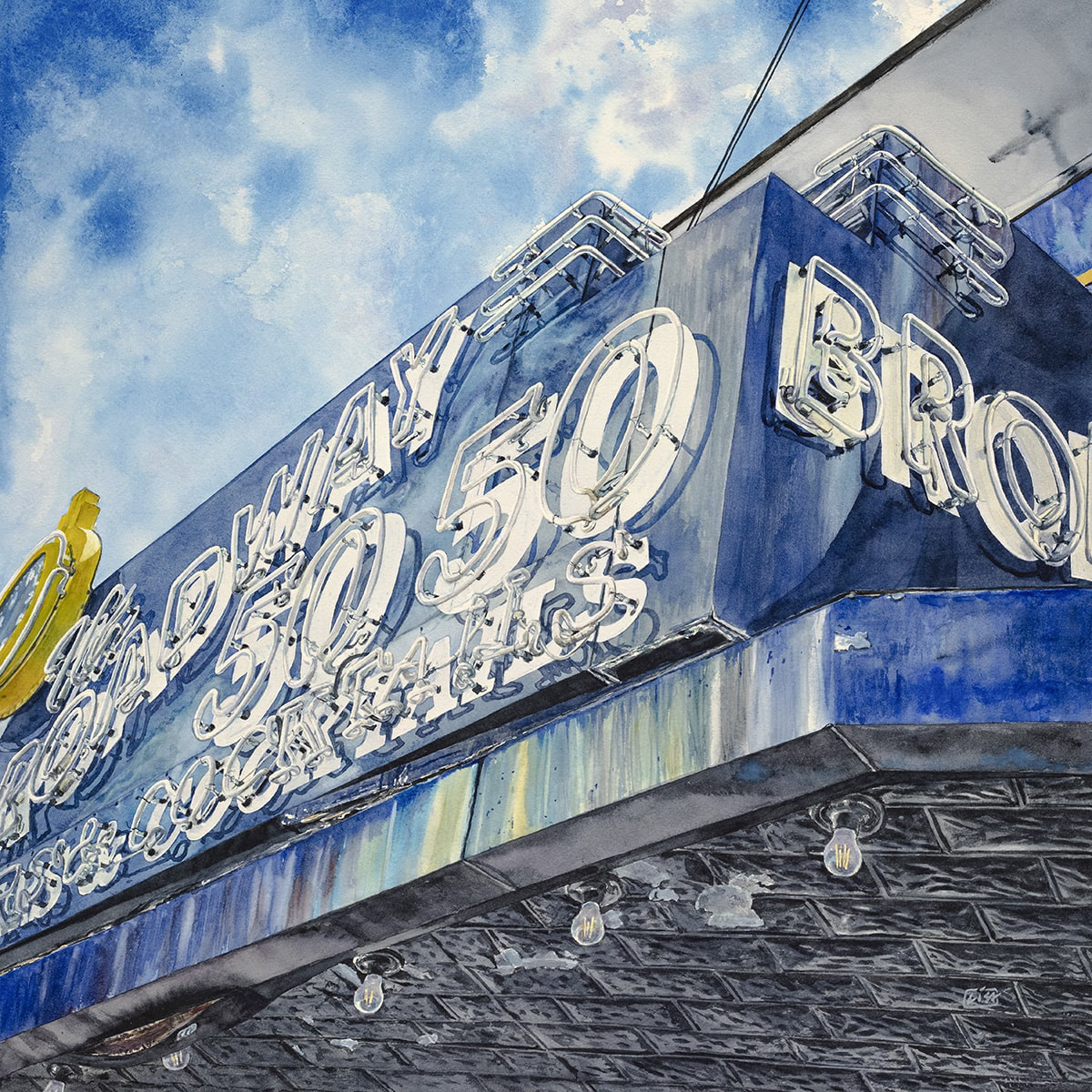 image of a watercolor painting of the signage above the Broadway 50 50 restaurant