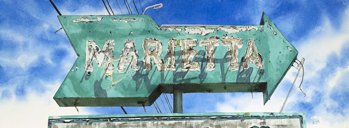 Painting of an arrow shape neon sign showing a worn out surface and broken neon lights.
