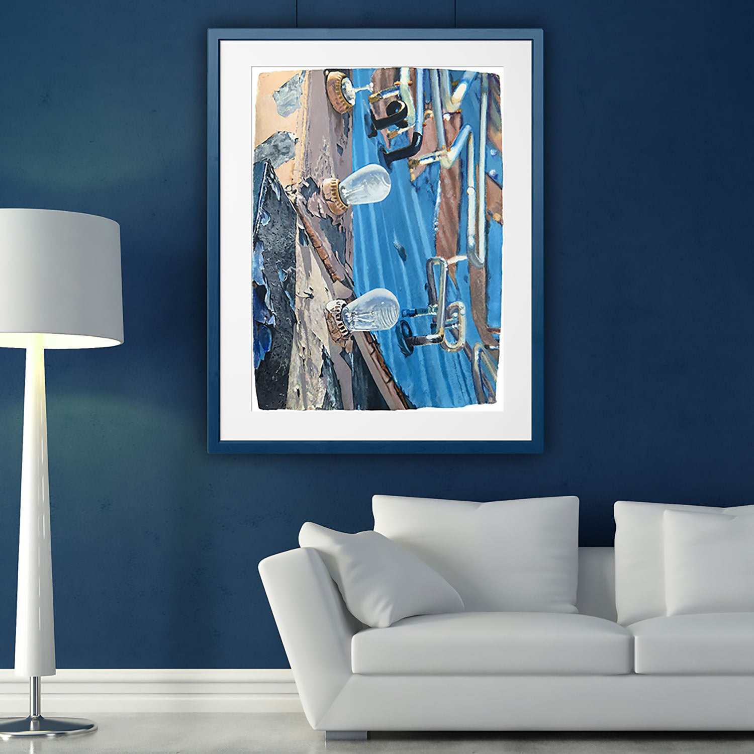 image of the painting "Unbalanced" in a frame hung on the wall