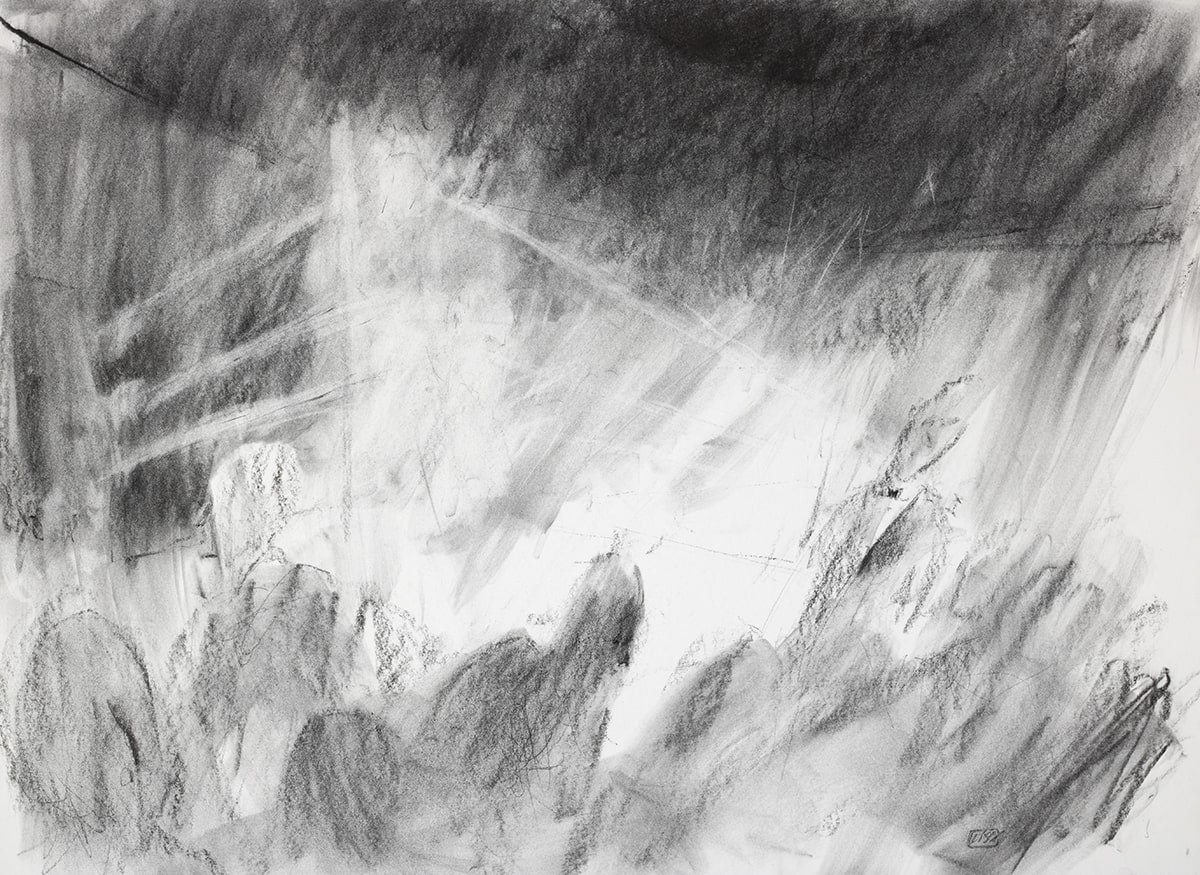 image of charcoal drawing depicting a wrestling ring with crowd moving to their seats
