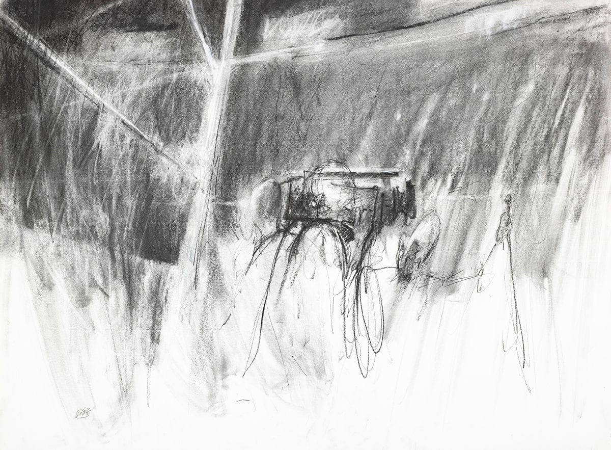 image of charcoal drawing depicting a camera man with interviewer at the side of the wrestling ring