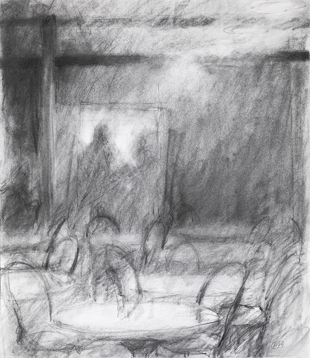 drawing of a room of a cafe with silhouetted people moving past the doorway