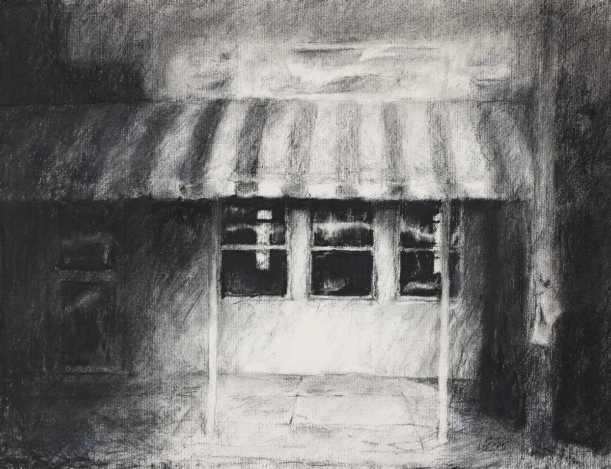 image of a drawing depicting a diner car at night