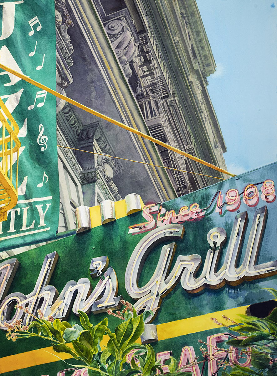 Painting of architecture looking up at a neon sign in green and yellow colors.