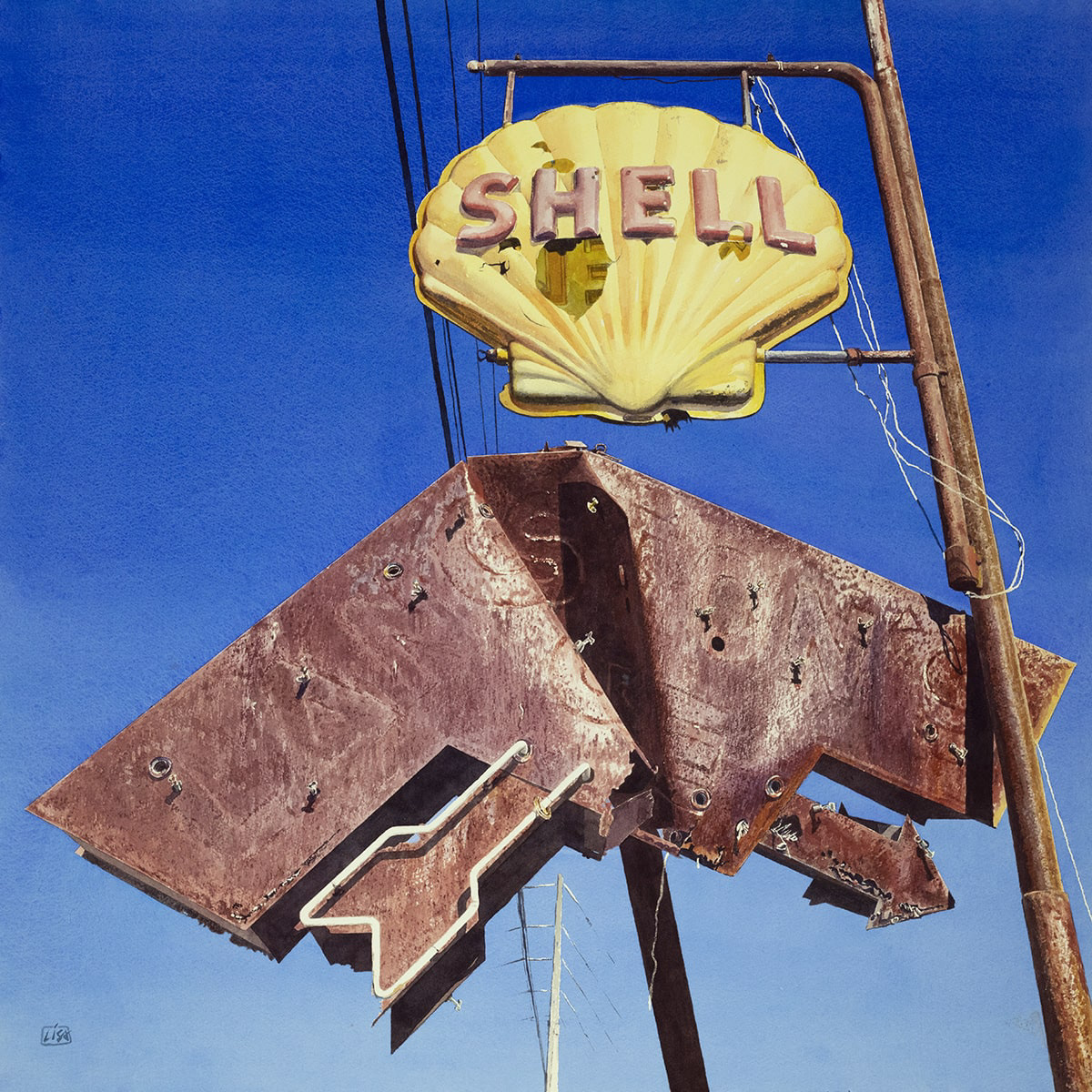 watercolor painting of an old abandoned gas station Shell sign and metal arrow neon sign