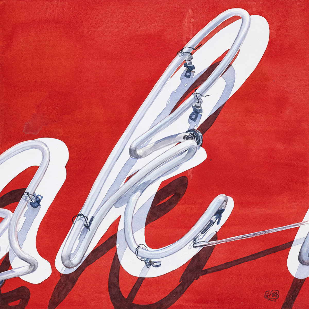 watercolor depicting the letter "k" of a neon sign with red background and white lettering