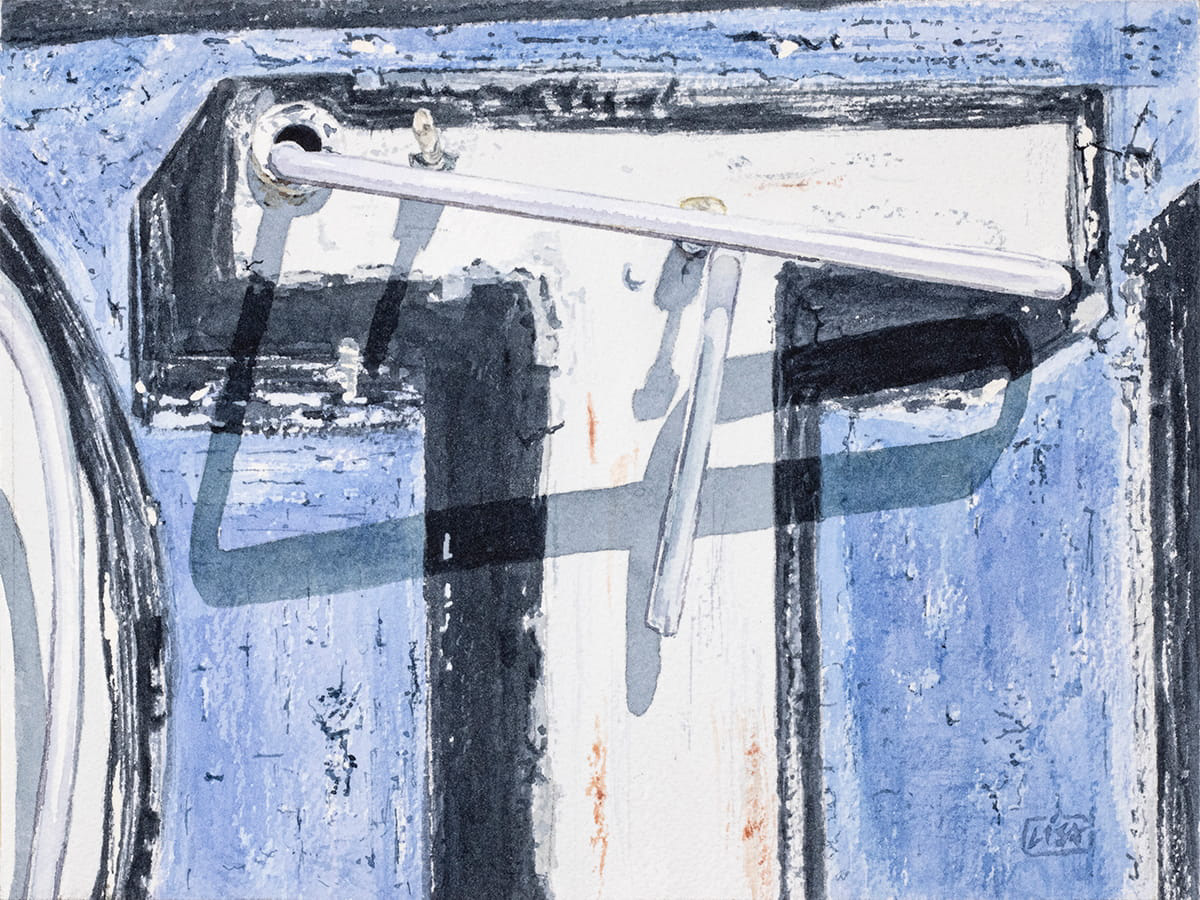 Watercolor painting of the letter "T" in neon and rough patina blue, white, and blackground