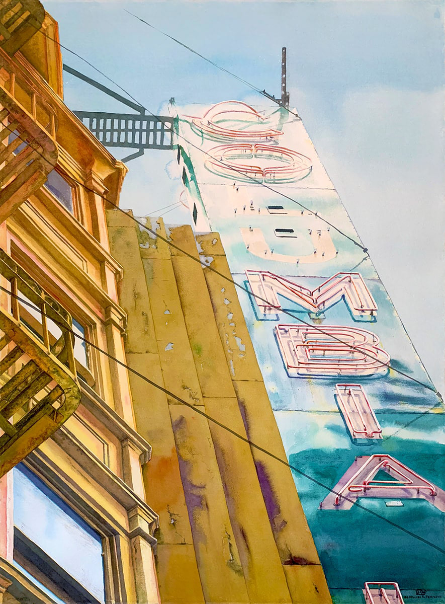 image of a watercolor painting depicting the Columbia Hotel building and neon sign